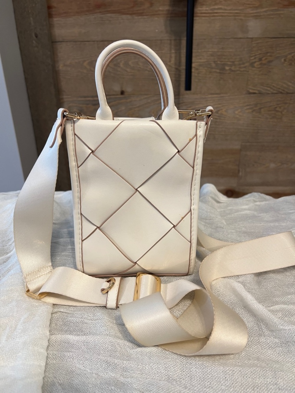 A New Day cream faux leather crossbody bag with camera strap 7x5x3